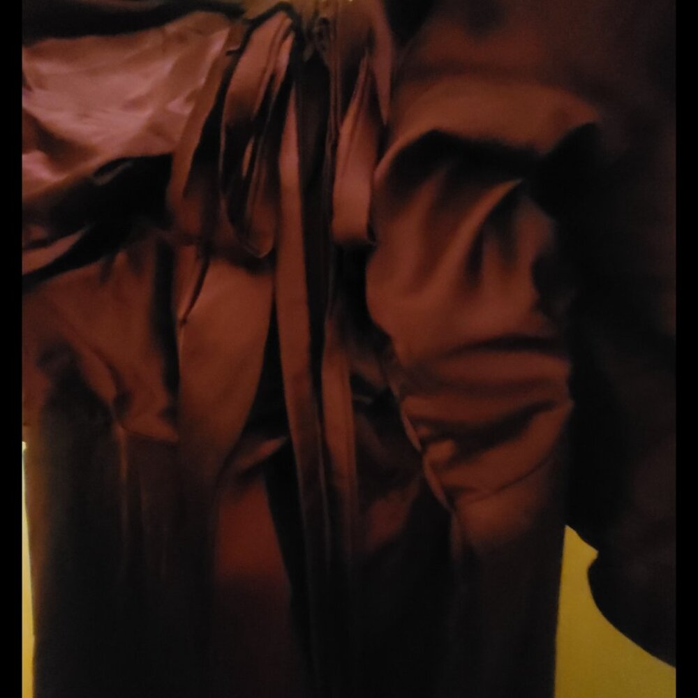 This is a burgundy cowl neck off-the-shoulder formal gown - Picture 3 of 3